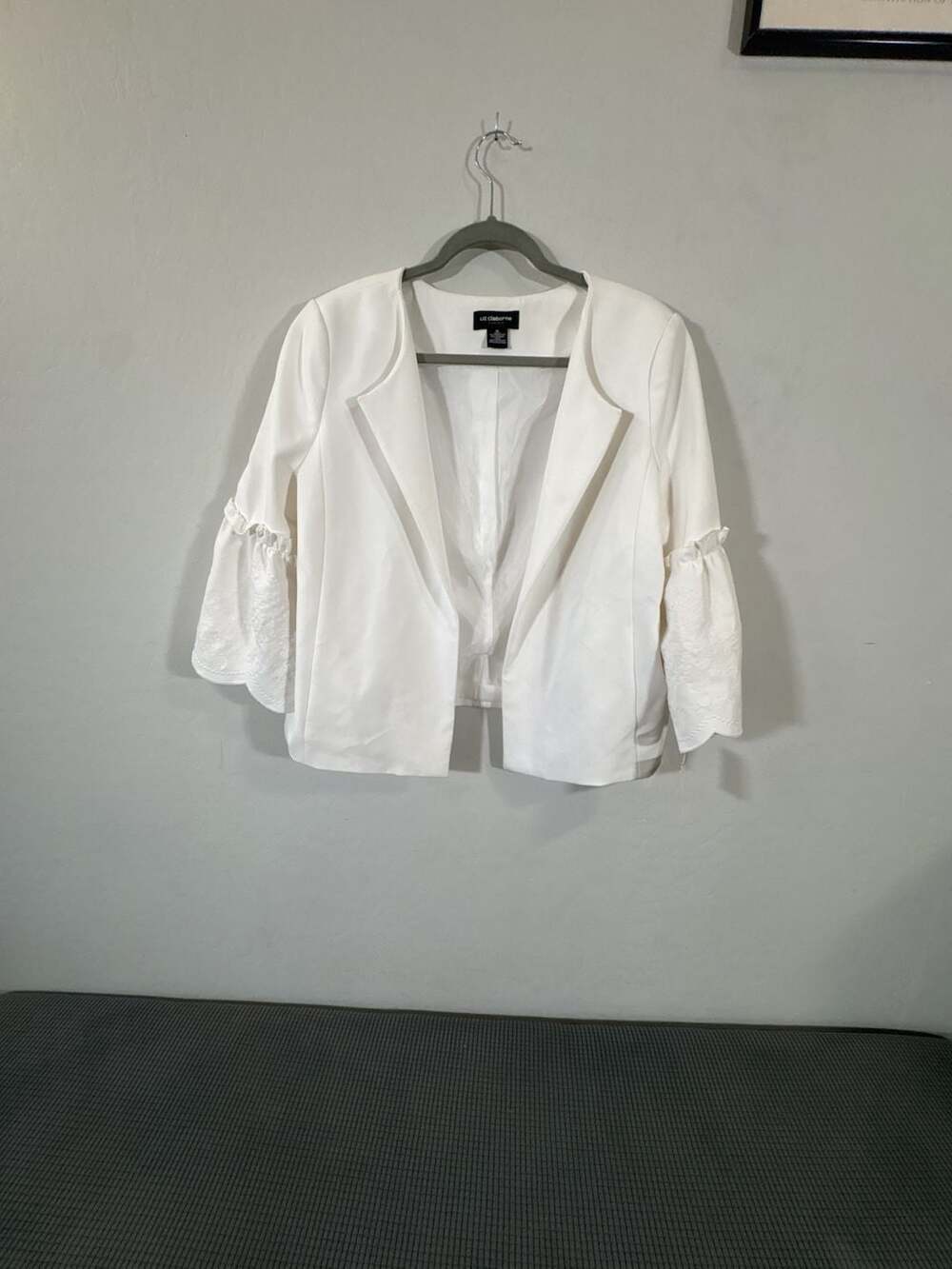 Liz Claiborne Career White Open Front Blazer with Embroidered Bell Sleeves XL